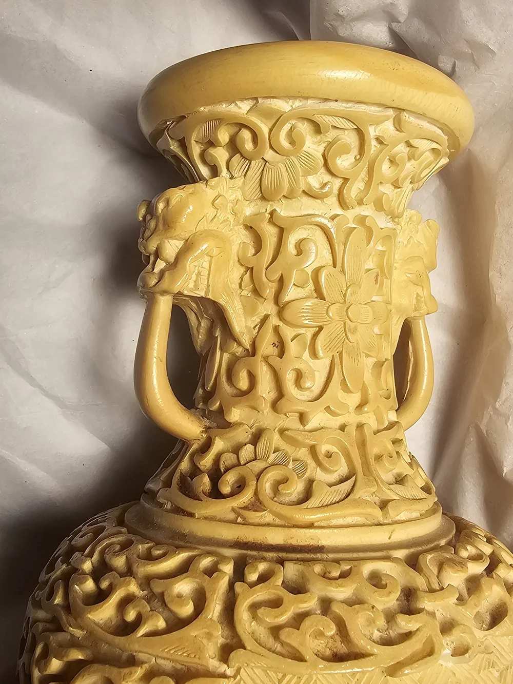 Antique Chinese Soapstone Or Faux Ivory Intricately Carved Vase